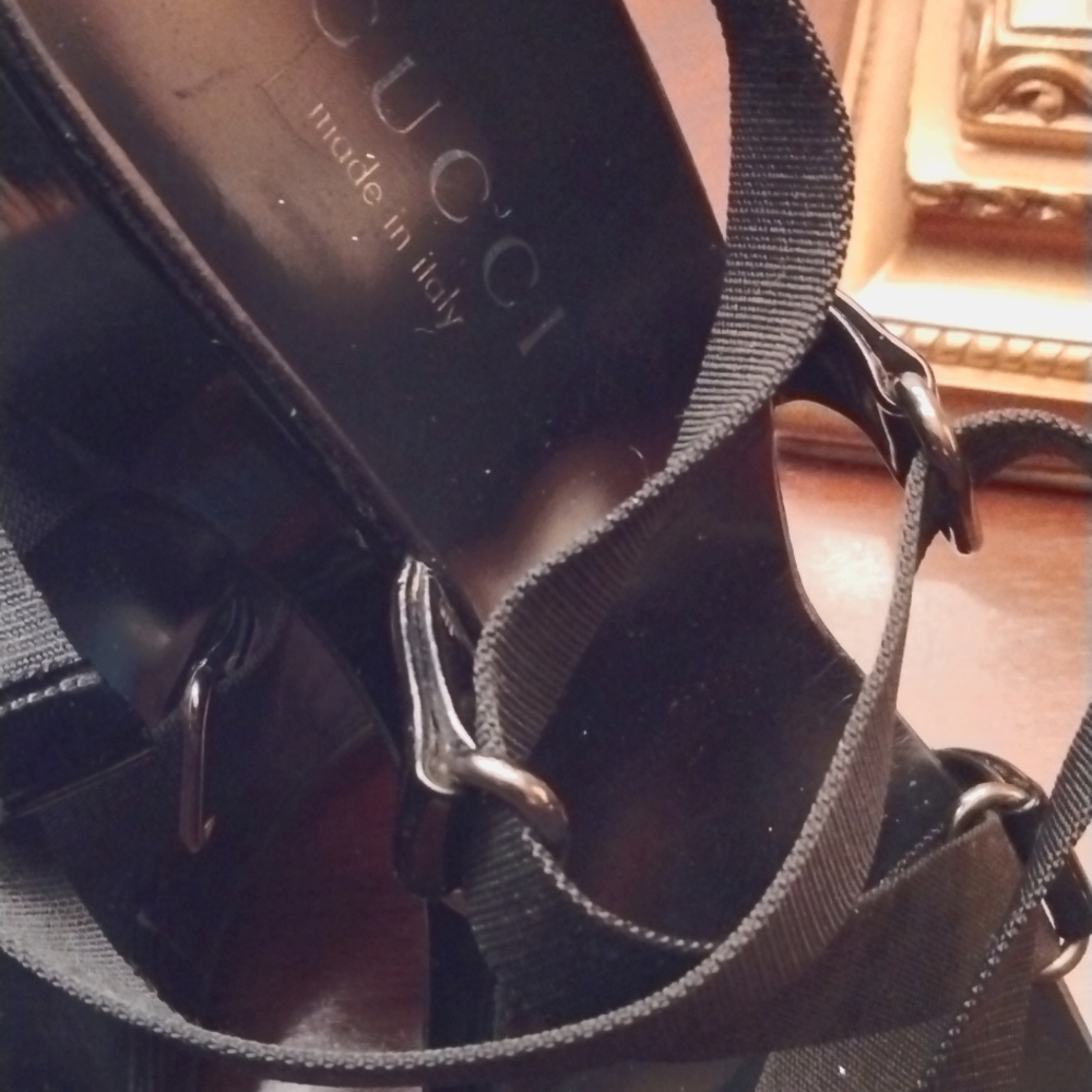 Gucci Black Canvas Platform/Wedge Multi Strap Sandals
